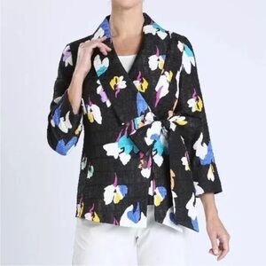 IC Collection Connie  K sz M Floral Asymmetrical Side Tie Jacket 3/4 Slv Pockets